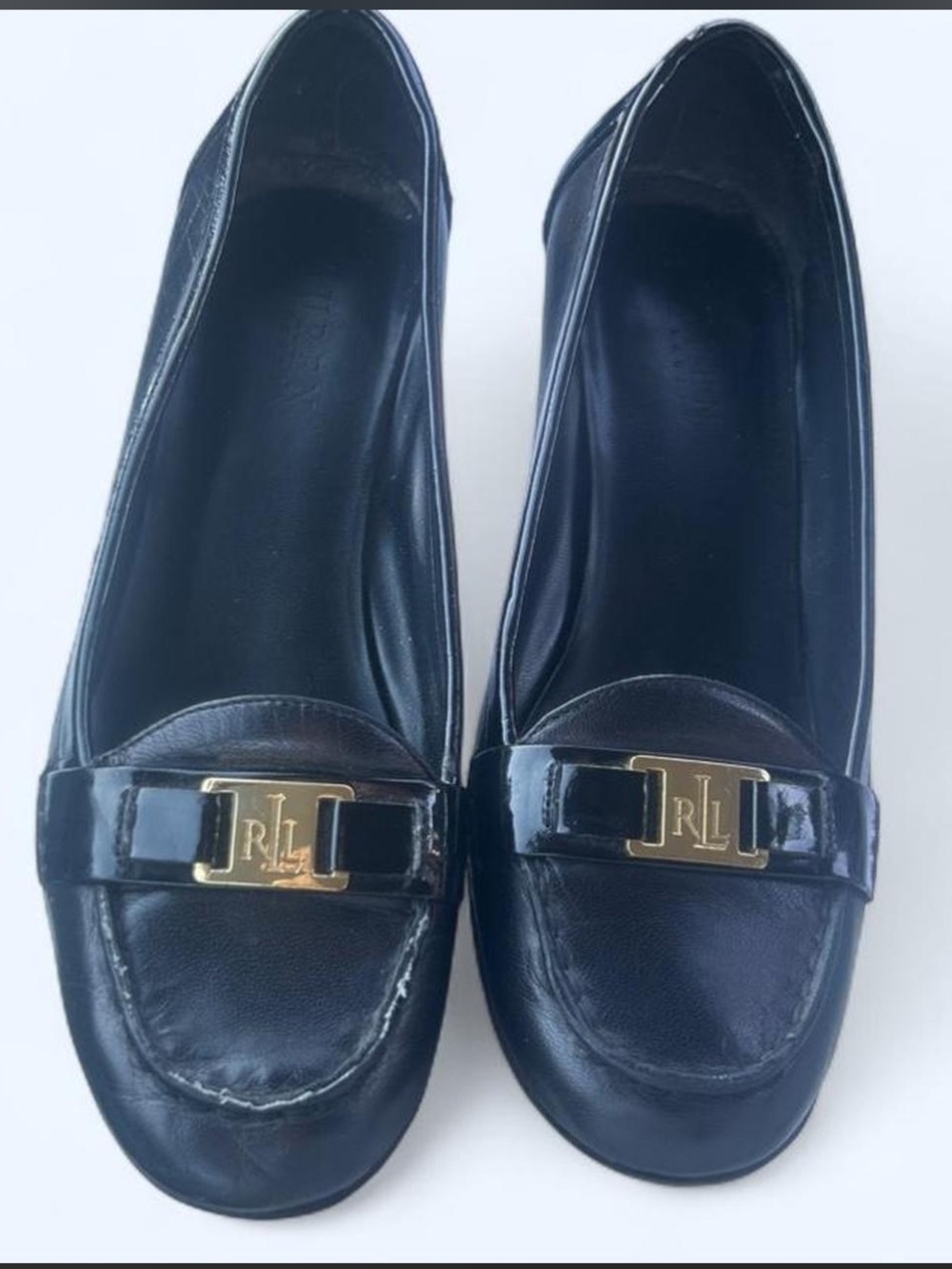 Ralph Lauren Black Leather Loafers with Gold RL Plaque